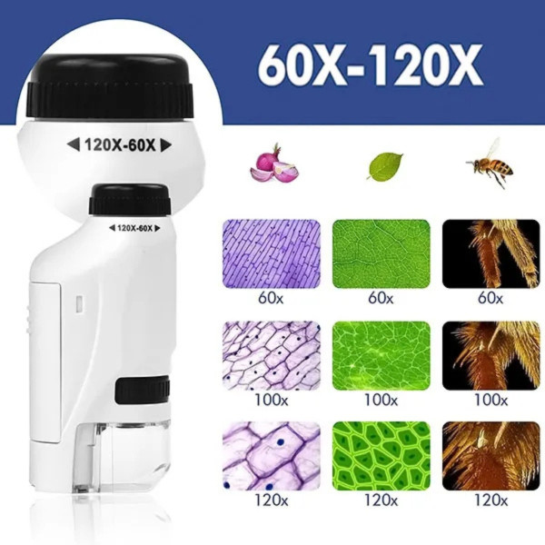 Детски преносим микроскоп с LED светлина, 60x-120x увеличение и стойка за смартфон