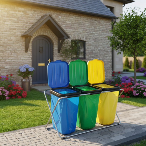 Стойка с капаци за разделно хвърляне на отпадъци - грижа за околната среда 1