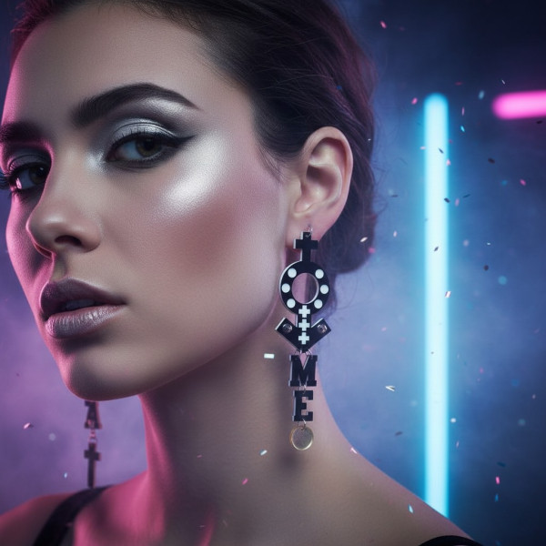 Дамски обеци със символите на венера, марс, кръст и текст A94 3