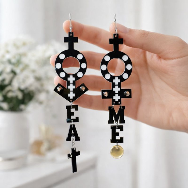 Дамски обеци със символите на венера, марс, кръст и текст A94