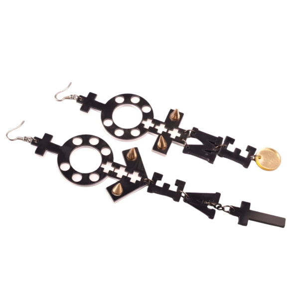 Дамски обеци със символите на венера, марс, кръст и текст A94 6