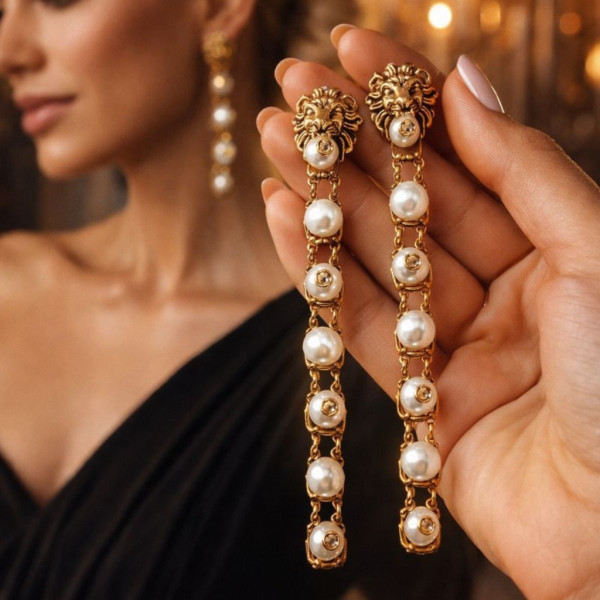 Дамски обеци лъвска глава и перли А39 3