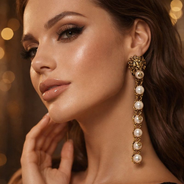 Дамски обеци лъвска глава и перли А39