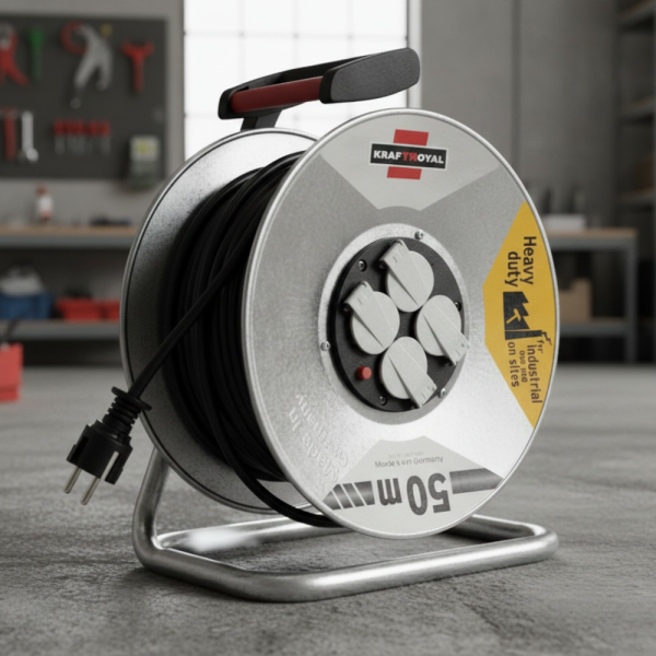 Електрически удължител с макара KraftRoyal 50m — здрава поцинкована конструкция, 4 гнезда и термична защита 1