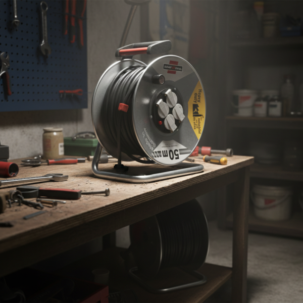 Електрически удължител с макара KraftRoyal 50m — здрава поцинкована конструкция, 4 гнезда и термична защита