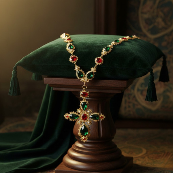 Дамско колие с голям кръст и червени и зелени камъни D21