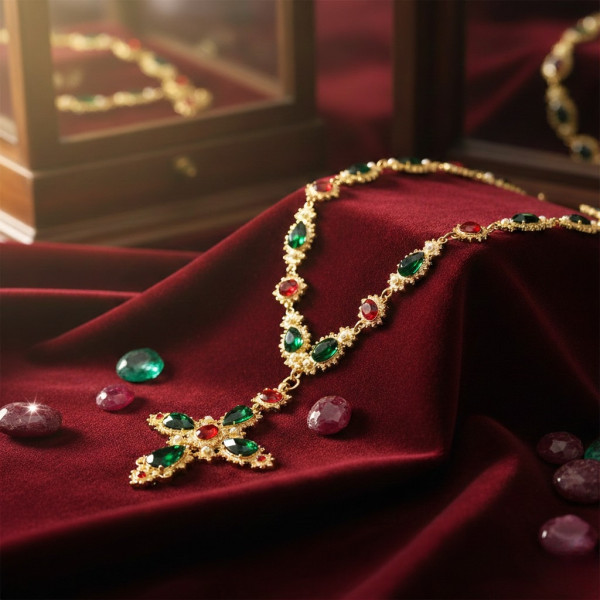 Дамско колие с голям кръст и червени и зелени камъни D21