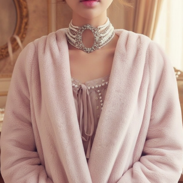 Чокър с голяма брошка по средата и наниз от перли D49 1