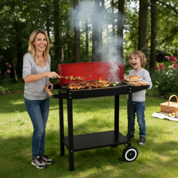 Градинско барбекю на колела, емайлирана стомана, 4 степени + Подарък 3 прибора 1