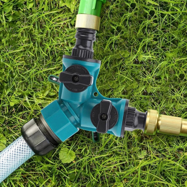 Троен разклонител, редукция, 2-пътни, 1/2" 3/4" градински маркуч, вентили 1