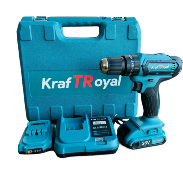 Aкумулаторен  винтоверт Kraft Royal 36V с 2 батерии 8Ah, 24 части и куфар — дълготрайна мощност, бързо зареждане и надеждност