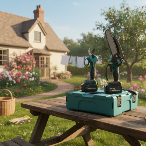 Комплект 2в1 акумулаторна безчеткова лозарска ножица и резачка-трион за клони 15 см. с маслен филтър 36V 8Ah