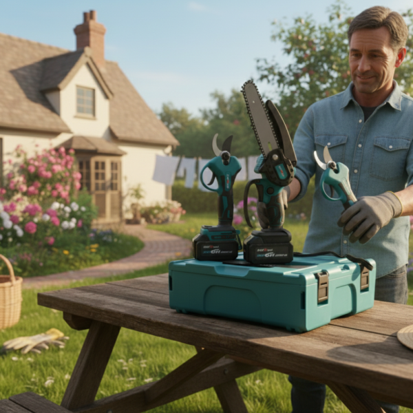 Комплект 2в1 акумулаторна безчеткова лозарска ножица и резачка-трион за клони 15 см. с маслен филтър 36V 8Ah