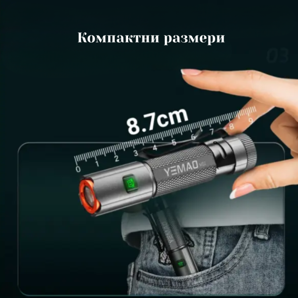 Фенер YEMAO YM-M52 – компактен, 1500 лумена, магнит, Type-C