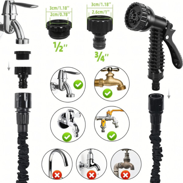Гъвкав разтеглив градински маркуч 30м – Пълен комплект с пистолет (7 функции) и конектори