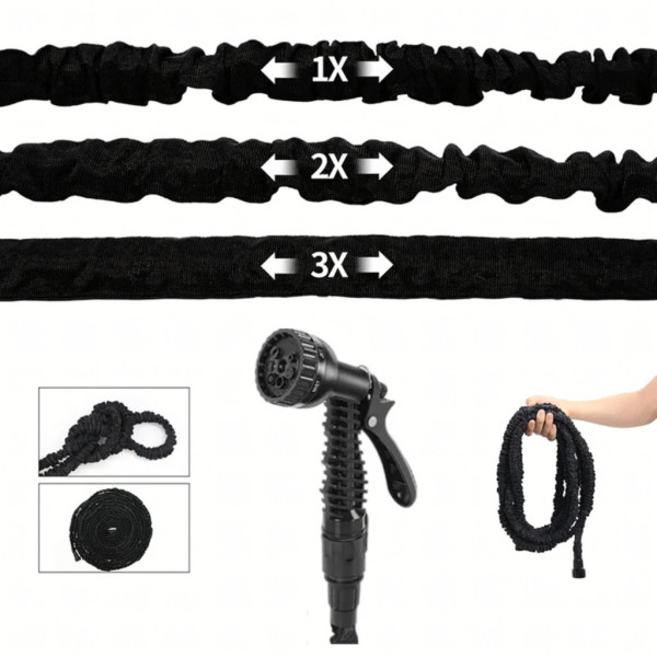 Гъвкав разтеглив градински маркуч 30м – Пълен комплект с пистолет (7 функции) и конектори 14