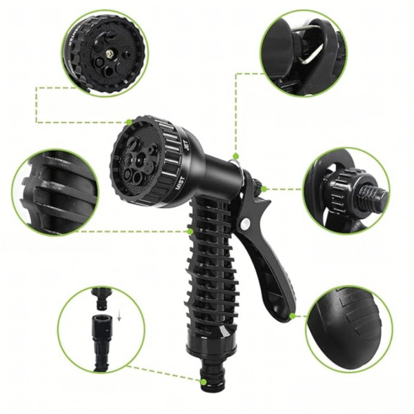 Гъвкав разтеглив градински маркуч 30м – Пълен комплект с пистолет (7 функции) и конектори 15