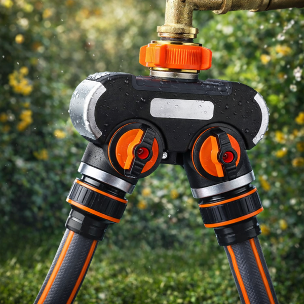 Двупосочен разпределител за градински кран 2-в-1: Сплитер за маркуч с независими вентили (3/4" и 1") 1