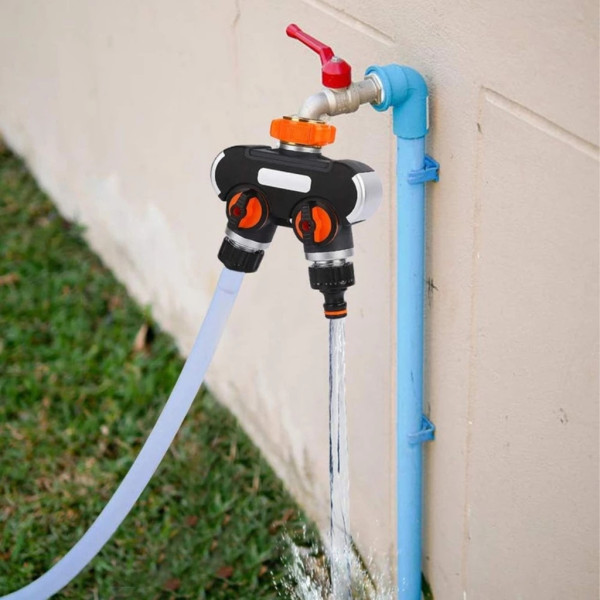 Двупосочен разпределител за градински кран 2-в-1: Сплитер за маркуч с независими вентили (3/4" и 1")