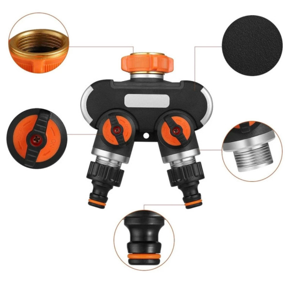 Двупосочен разпределител за градински кран 2-в-1: Сплитер за маркуч с независими вентили (3/4" и 1")