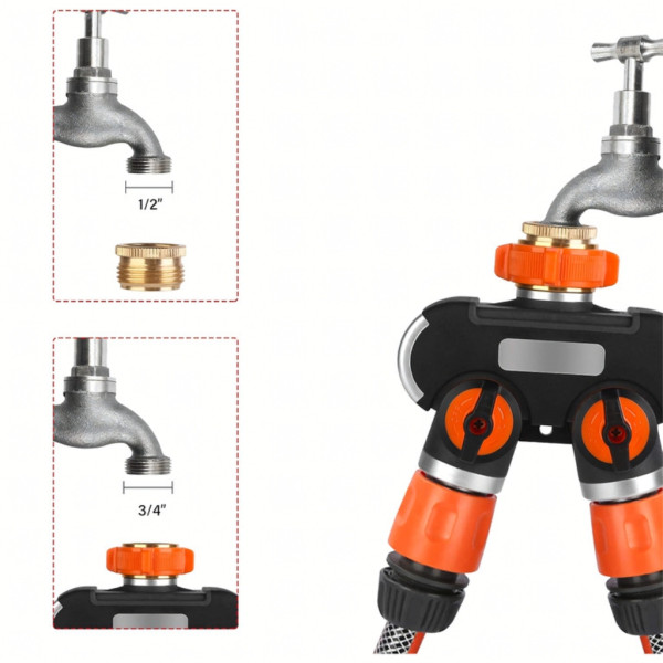 Двупосочен разпределител за градински кран 2-в-1: Сплитер за маркуч с независими вентили (3/4" и 1")