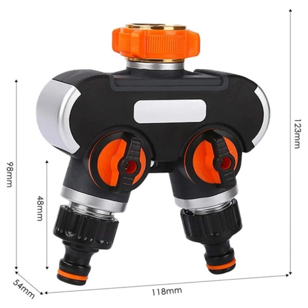Двупосочен разпределител за градински кран 2-в-1: Сплитер за маркуч с независими вентили (3/4" и 1")