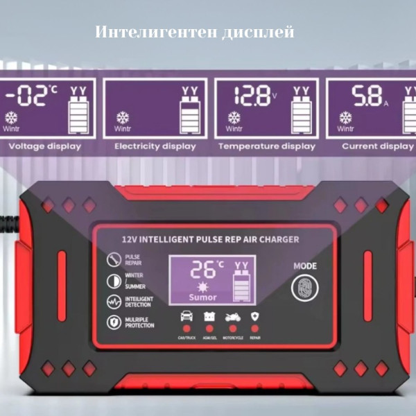 Интелигентно зарядно за акумулатор с дисплей 12V 6A импулсно