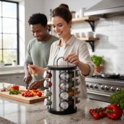 Бурканчета за подправки на стойка Edenberg EB-4027, 16 бр, Въртене на 360 гр, Черен/инокс