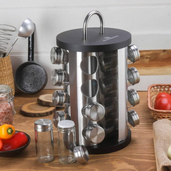 Бурканчета за подправки на стойка Edenberg EB-4027, 16 бр, Въртене на 360 гр, Черен/инокс