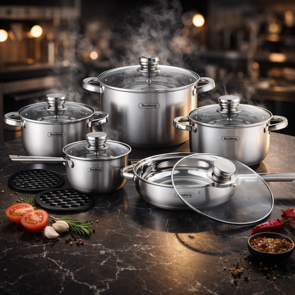 Комплект съдове Rosberg, 12 части, 2 подложки, Неръжд.стомана