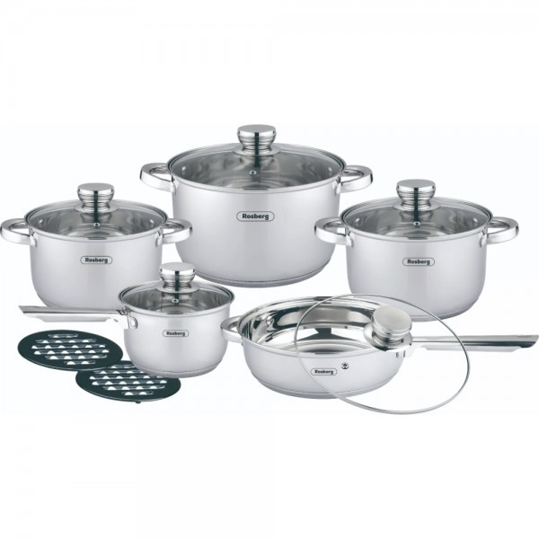 Комплект съдове Rosberg, 12 части, 2 подложки, Неръжд.стомана