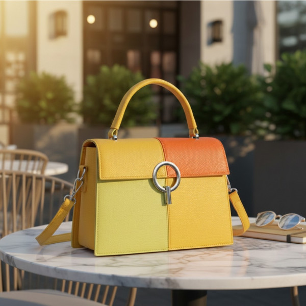 Многоцветна дамска чанта с метална тока и дълга дръжка 5