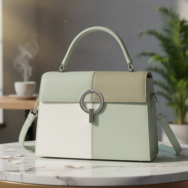 Многоцветна дамска чанта с метална тока и дълга дръжка