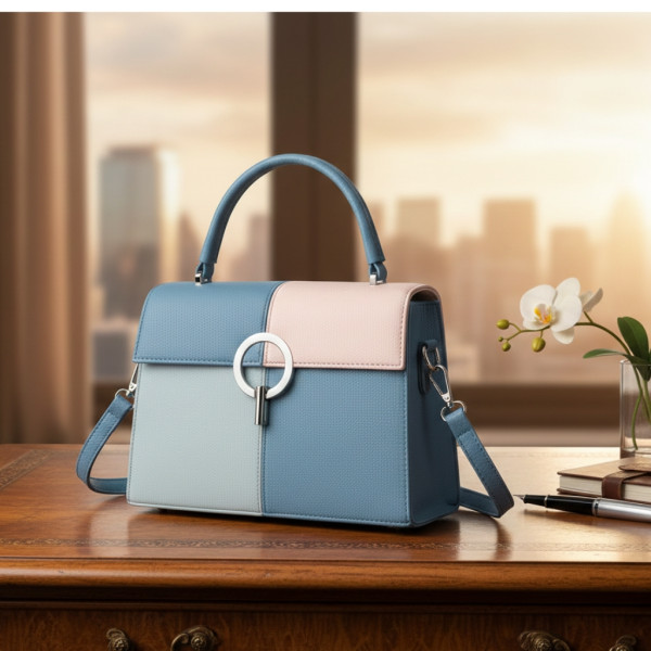 Многоцветна дамска чанта с метална тока и дълга дръжка