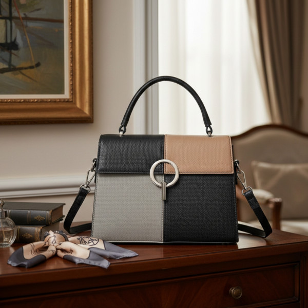 Многоцветна дамска чанта с метална тока и дълга дръжка