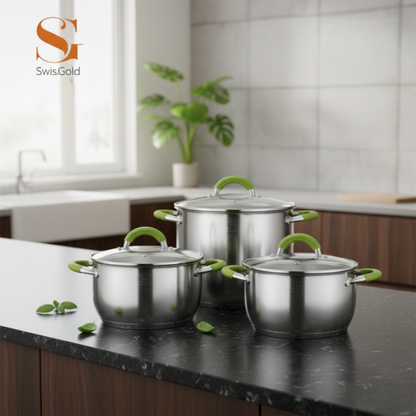 Комплект тенджери Swisgold – 3 броя, 5-слойно дъно - бързо и равномерно готвене