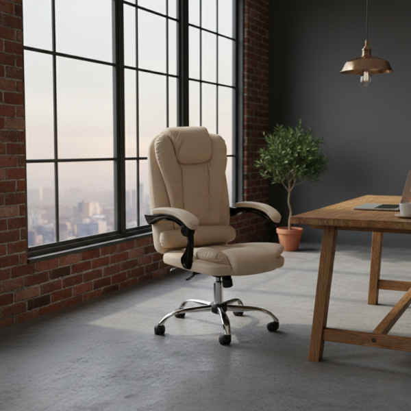 Ергономичен офис стол с лумбална опора от еко кожа в бежов цвят – комфорт за дълги часове без болки