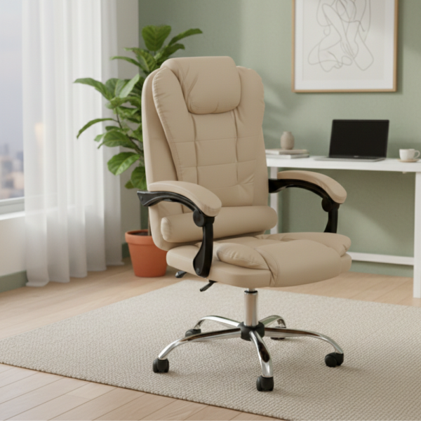 Ергономичен офис стол с лумбална опора от еко кожа в бежов цвят – комфорт за дълги часове без болки