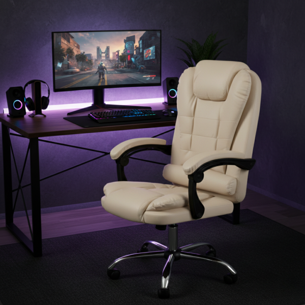 Ергономичен офис стол с лумбална опора от еко кожа в бежов цвят – комфорт за дълги часове без болки