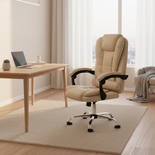 Ергономичен офис стол с лумбална опора от еко кожа в бежов цвят – комфорт за дълги часове без болки 5