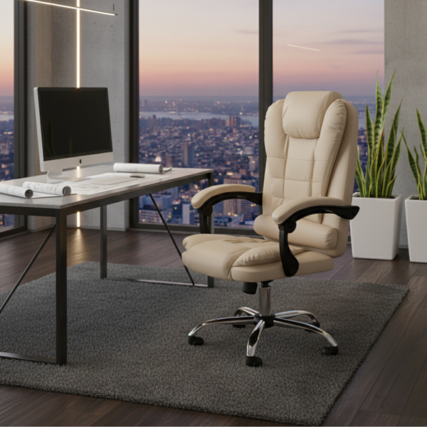 Ергономичен офис стол с лумбална опора от еко кожа в бежов цвят – комфорт за дълги часове без болки