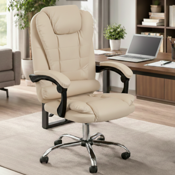 Ергономичен офис стол с лумбална опора от еко кожа в бежов цвят – комфорт за дълги часове без болки