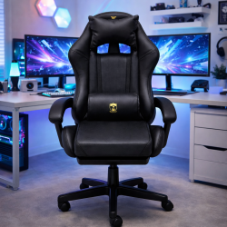 Премиум геймърски стол с масажна функция, поставка за крака и ергономична метална рамка, PU кожа, Черен