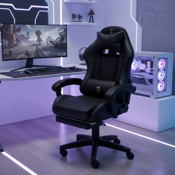 Премиум геймърски стол с масажна функция, поставка за крака и ергономична метална рамка, PU кожа, Черен 2