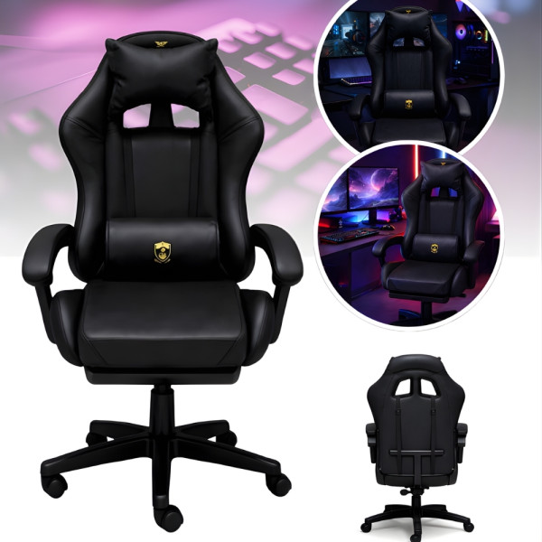 Премиум геймърски стол с масажна функция, поставка за крака и ергономична метална рамка, PU кожа, Черен 4