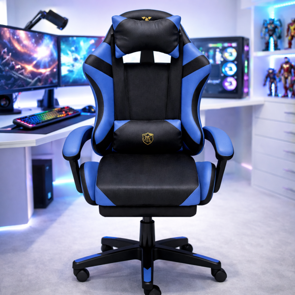 Ергономичен геймърски стол с масажна функция и поставка за крака – черно-син 1