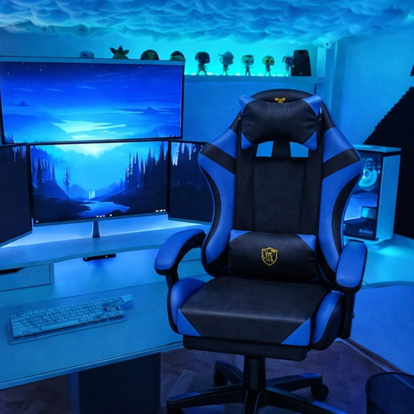 Ергономичен геймърски стол с масажна функция и поставка за крака – черно-син 2