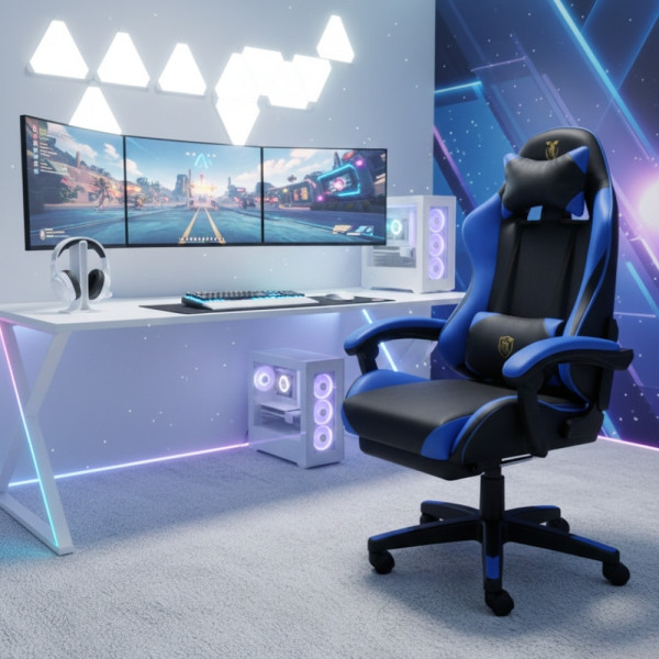 Ергономичен геймърски стол с масажна функция и поставка за крака – черно-син