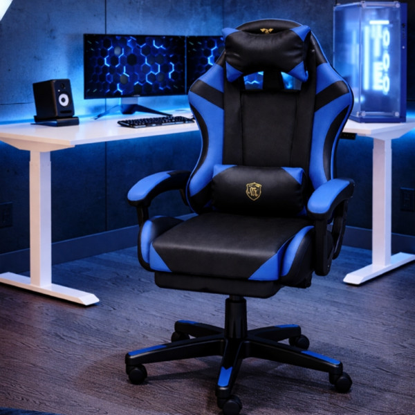 Ергономичен геймърски стол с масажна функция и поставка за крака – черно-син