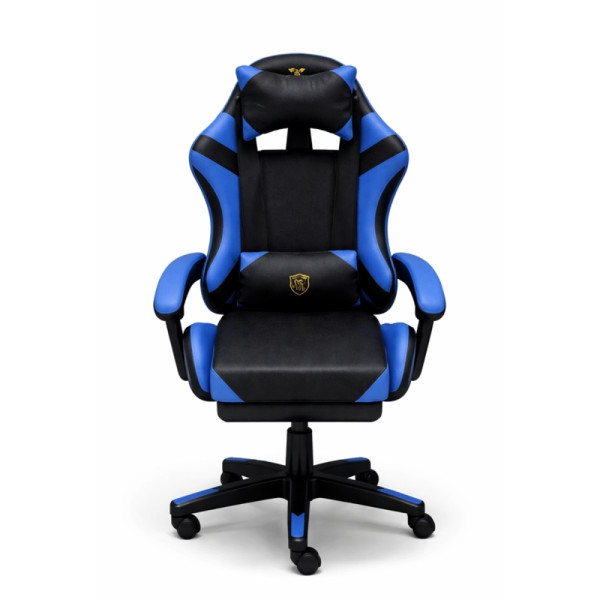 Ергономичен геймърски стол с масажна функция и поставка за крака – черно-син 7